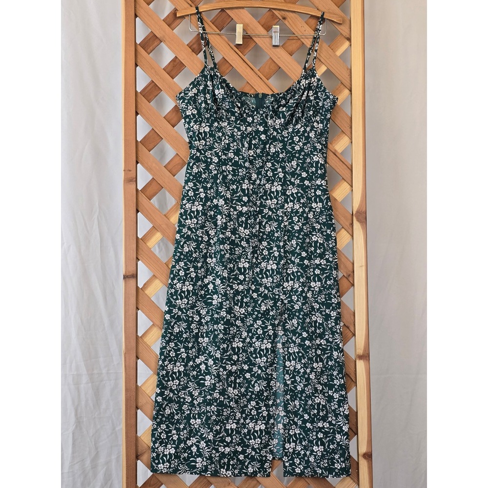 SHEIN VCAY Floral Midi Dress Women Size 6 Green‎ Spaghetti Strap Slit -NEW